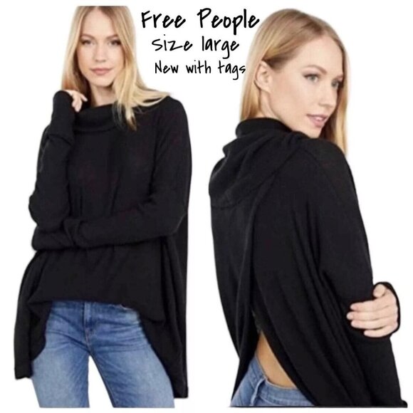Free People Tops - Free People Black Long Sleeve Thermal Top - Oversized Split Back, Size Large New